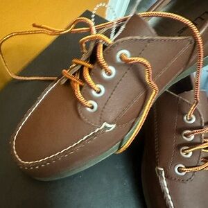 L.L. Bean Brown Leather Boat Shoes with Orange Laces